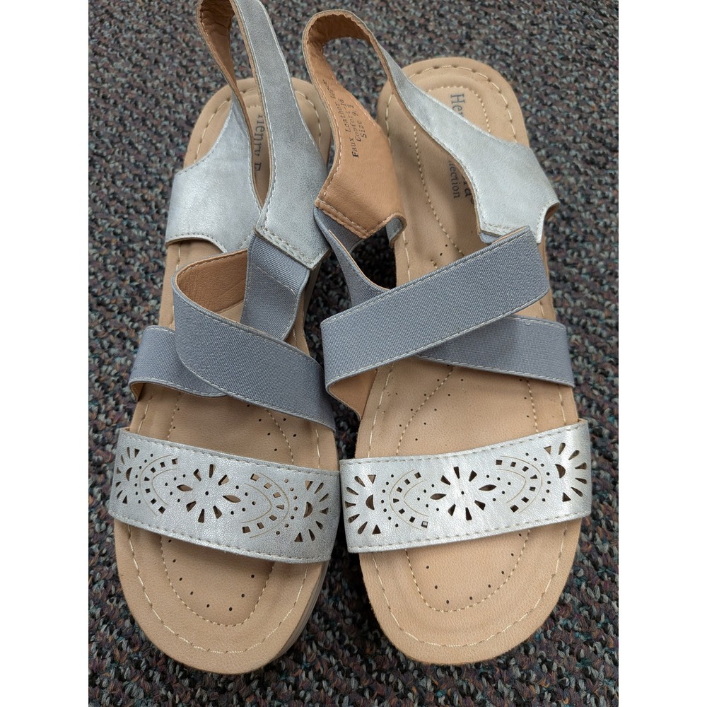 Henry Ferrera Comfort-16 Silver Metallic Wedge Sandals Womens 9.5 Laser Cut Boho